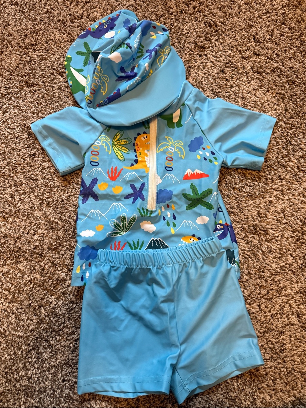 Kids Blue Two-Piece Swim Set with Hat - Tropical Print